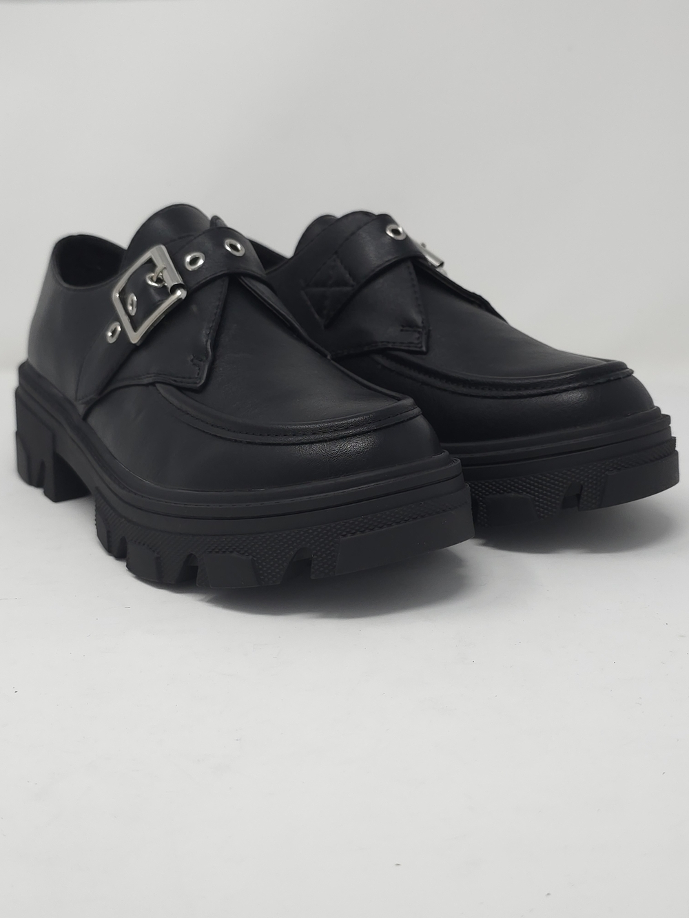 CHARCOAL PU Chunky Platform Loafers Buckle Strap Lug Sole Slip On Casual Trendy - Picture 2 of 10